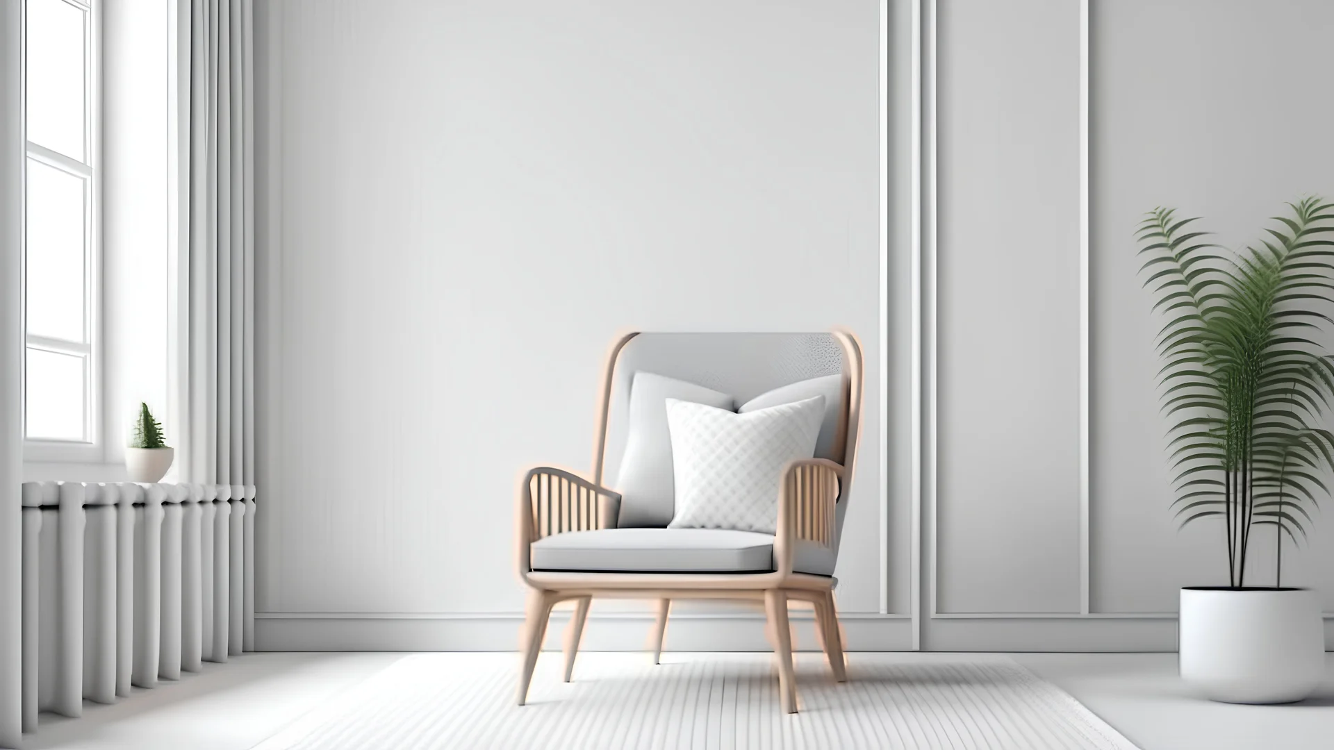 Scandinavian living room with gray armchair on empty white wall background. 3d rendering