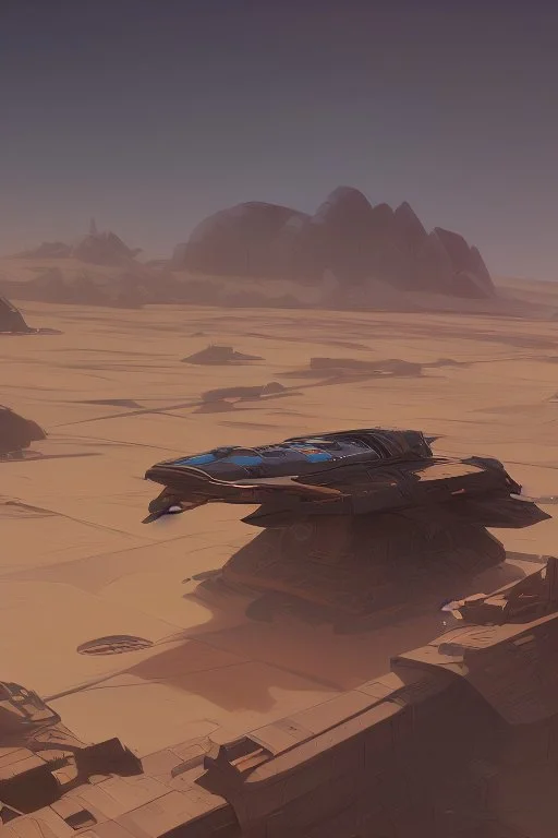 spaceship sitting on a desert plan in a ruined town