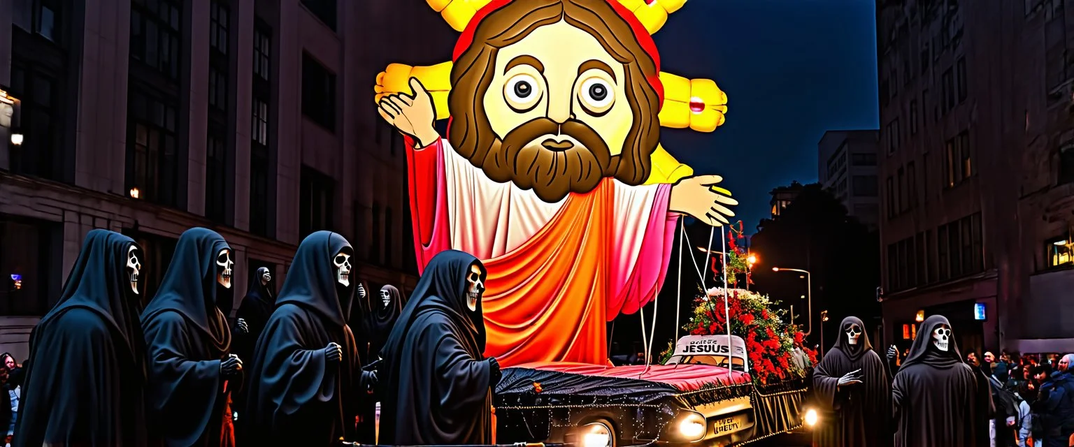 cartoonish jesus parade balloon pulled by multiple grim reapers, multi colored, bright, vivid, psychedelic, high detailed, high gloss, insanely detailed, matte, horrorcore, lining the street, unsettling contrast, monument to death, live action shot grim reaper parade, pulling a jesus parade float