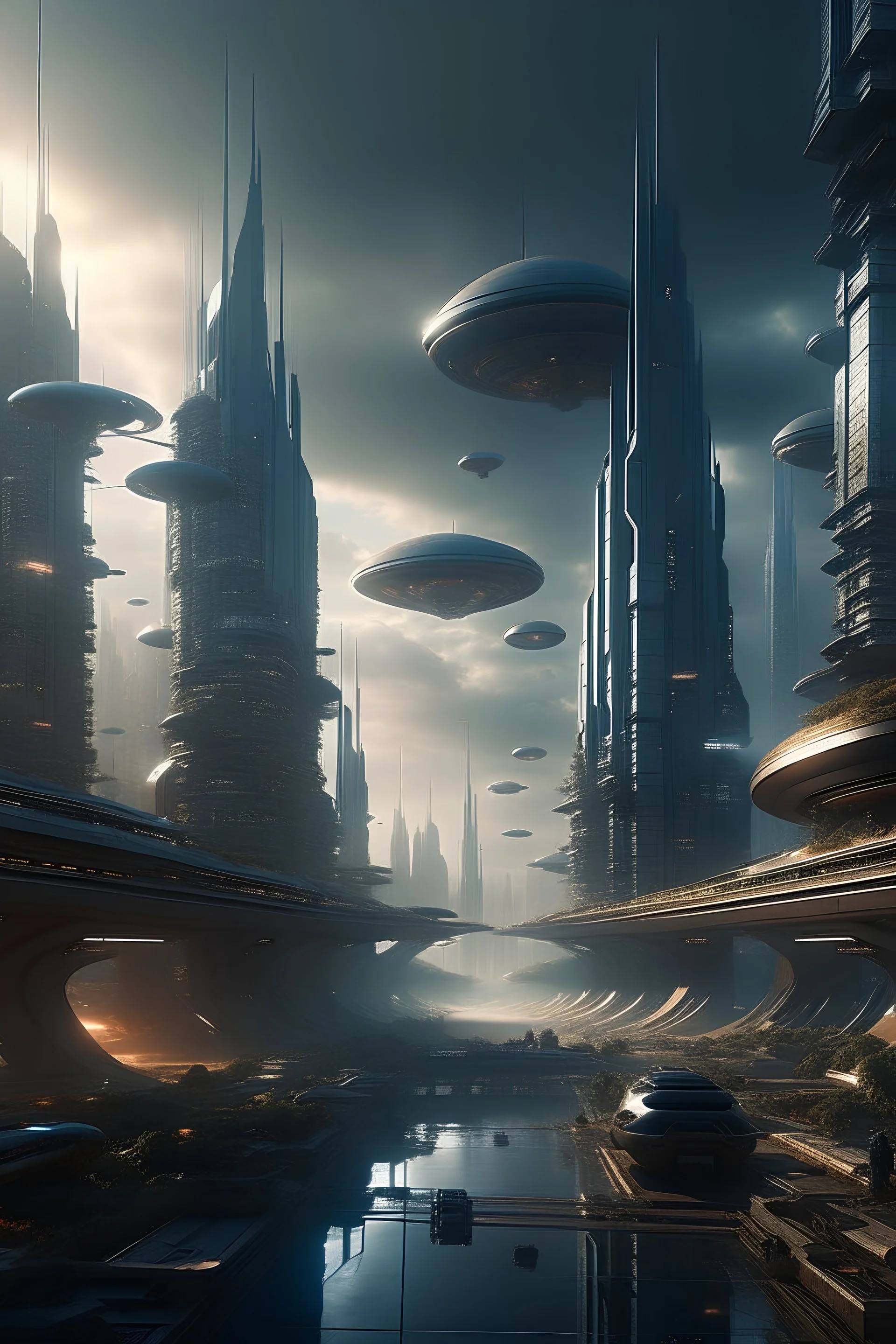 picture of a futuristic city under an alien invasion