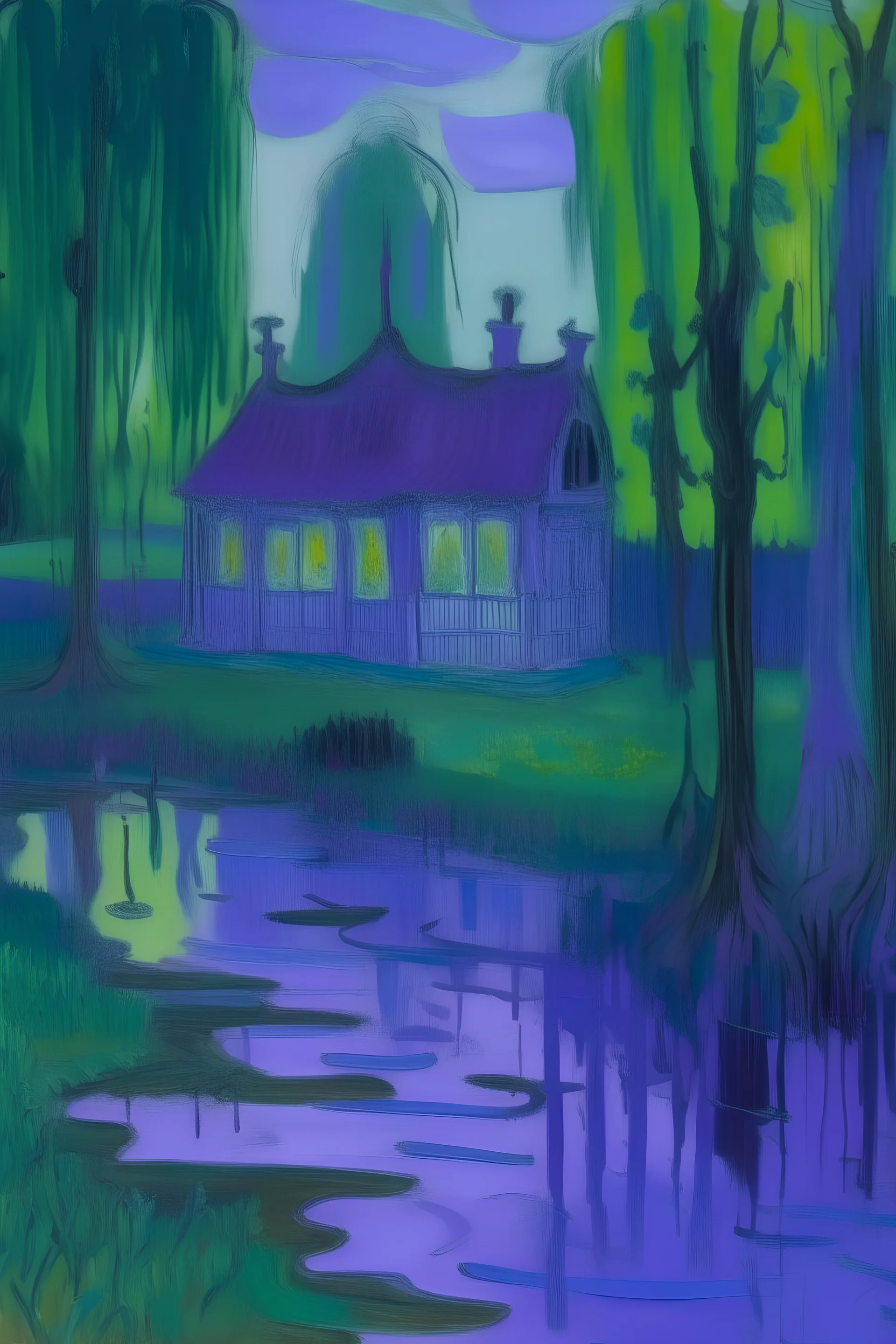 A purple haunted house filled with ghosts near a swamp painted by Claude Monet