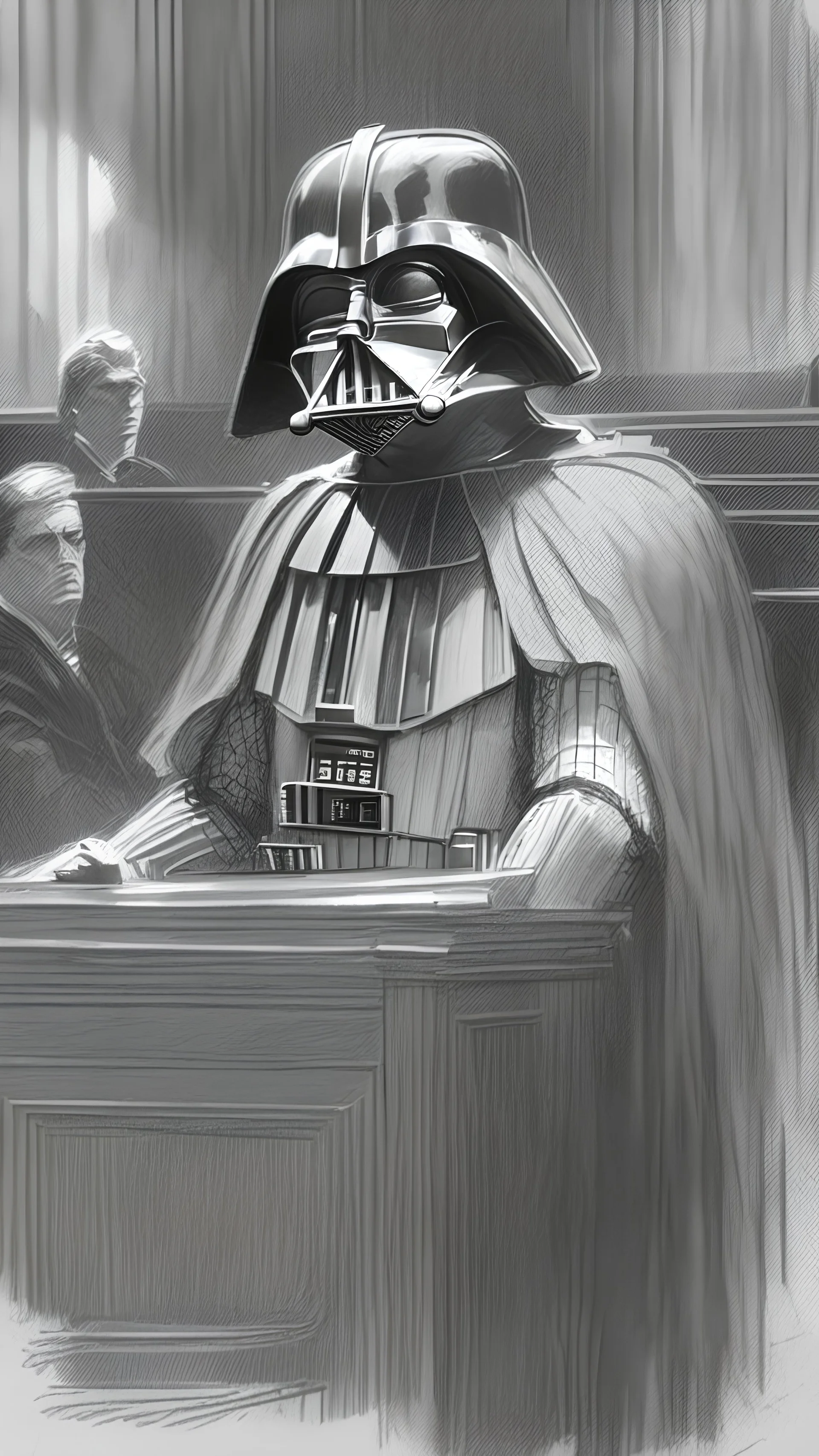 Darth Vader on trial, courtroom sketch, black and white