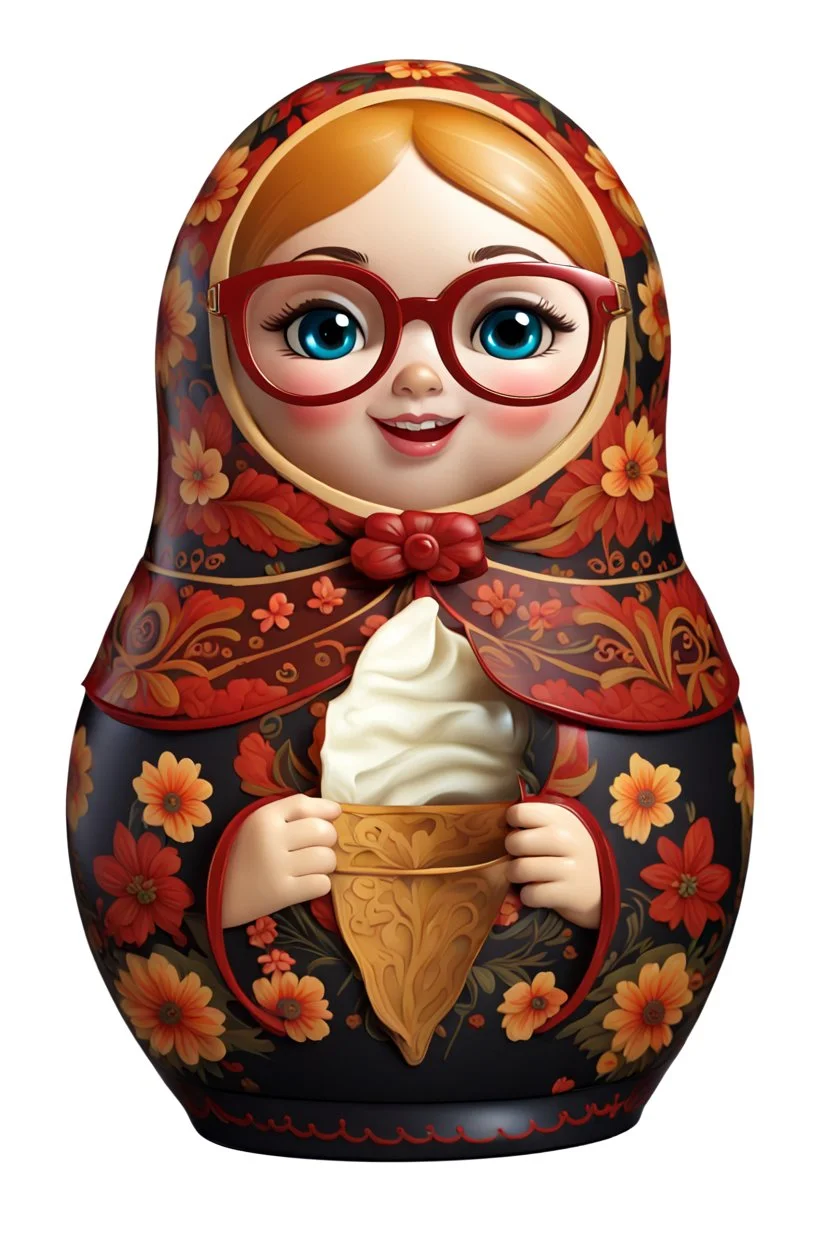 draw a Russian matryoshka doll in the style of Khokhloma, the matryoshka is smiling, the matryoshka has a smartphone in her hands, a frontal angle, a picture on a white background, the matryoshka is drawn entirely, a highly detailed 3d picture