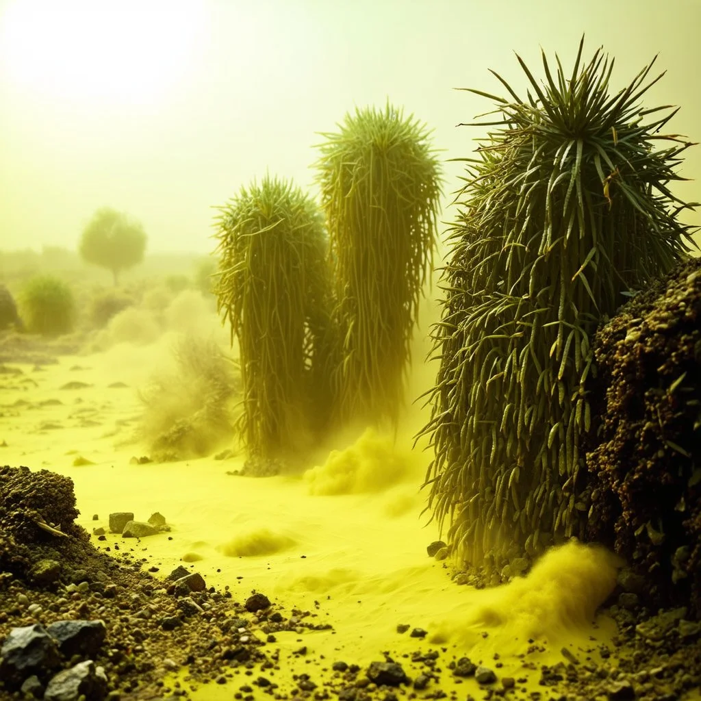 A striking quality Kodak photograph captures a wasteland with liquid and group of monstrous plants, creepy, details of the dust very accentuated, glossy organic mass, adorned with minerals and rocks. Bathed in intense light, eerie, Max Ernst style, Amano, Audubon, yellow sun, fluids, fog, bkue eyes, paranoic, obsessive, blurred, volumetric light