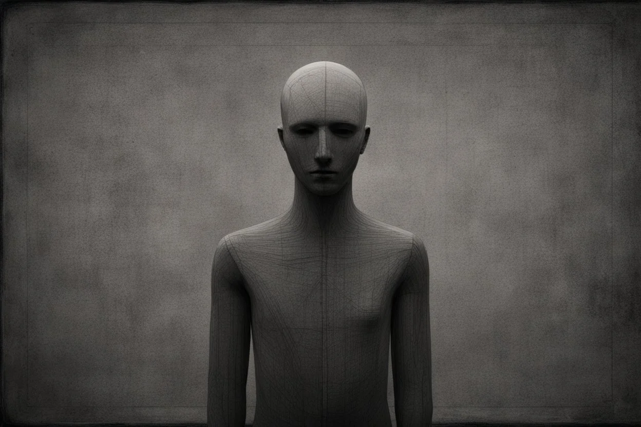 monochrome, cardboard figure on the left of the picture, stocky human figure with a head tilted to the left, almost no neck, no face or hair, schematic drawing, against a dark grey background with a symmetrical pattern, a lighter grey, almost monochrome, in moonlight, crayon drawing in shades of grey and black, ethereal, cinematic postprocessing