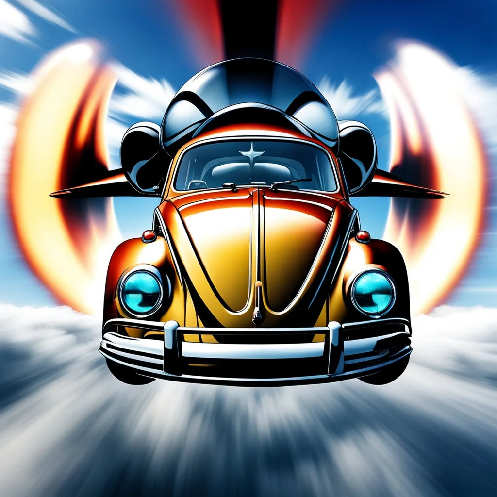 a high definition screen shot of a jet-fighter vw-beetle, retrofuturistic, phototrealism, in flight, one subject, should have wings with atleast one exposed jet on each wint or one coming throught thr front and center of the vehicle.