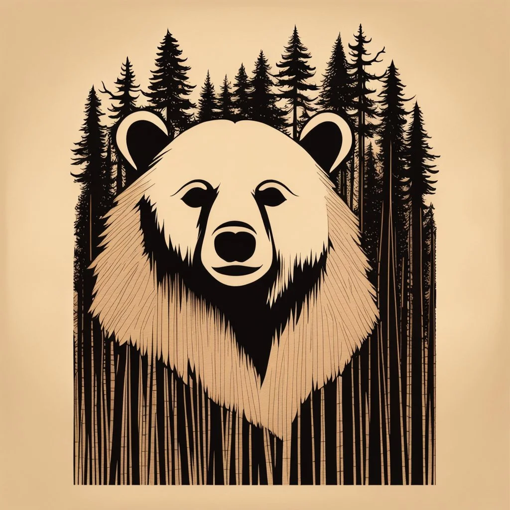 M shaped bear head combined with woods silhouette in backround, letterpress style, minimalistic pencil art