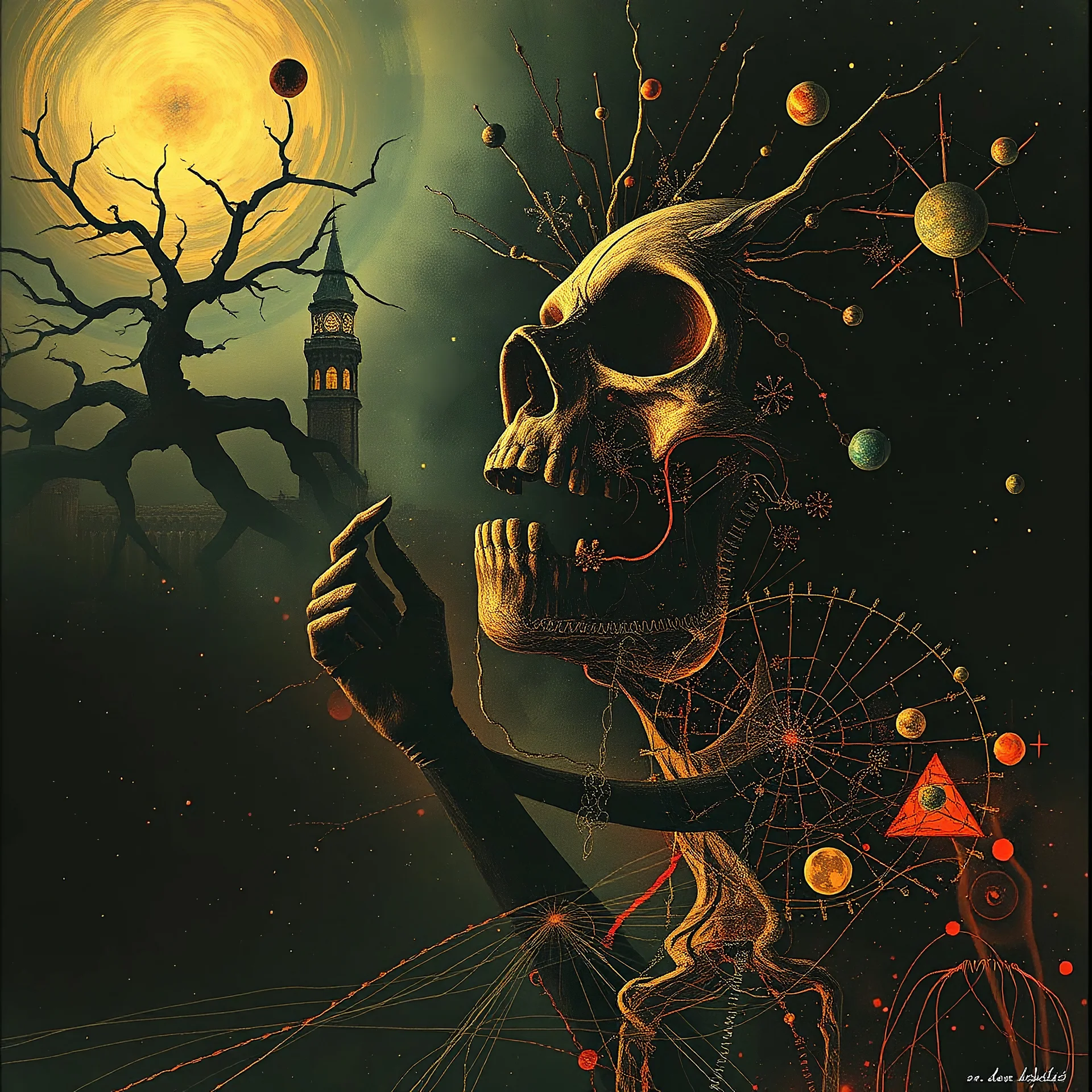 they can't hear you scream in space, by Dave McKean, inspired by the nightmare paintings of dali by Wassily Kandinsky, double exposure, gnostic tragedy, sinister