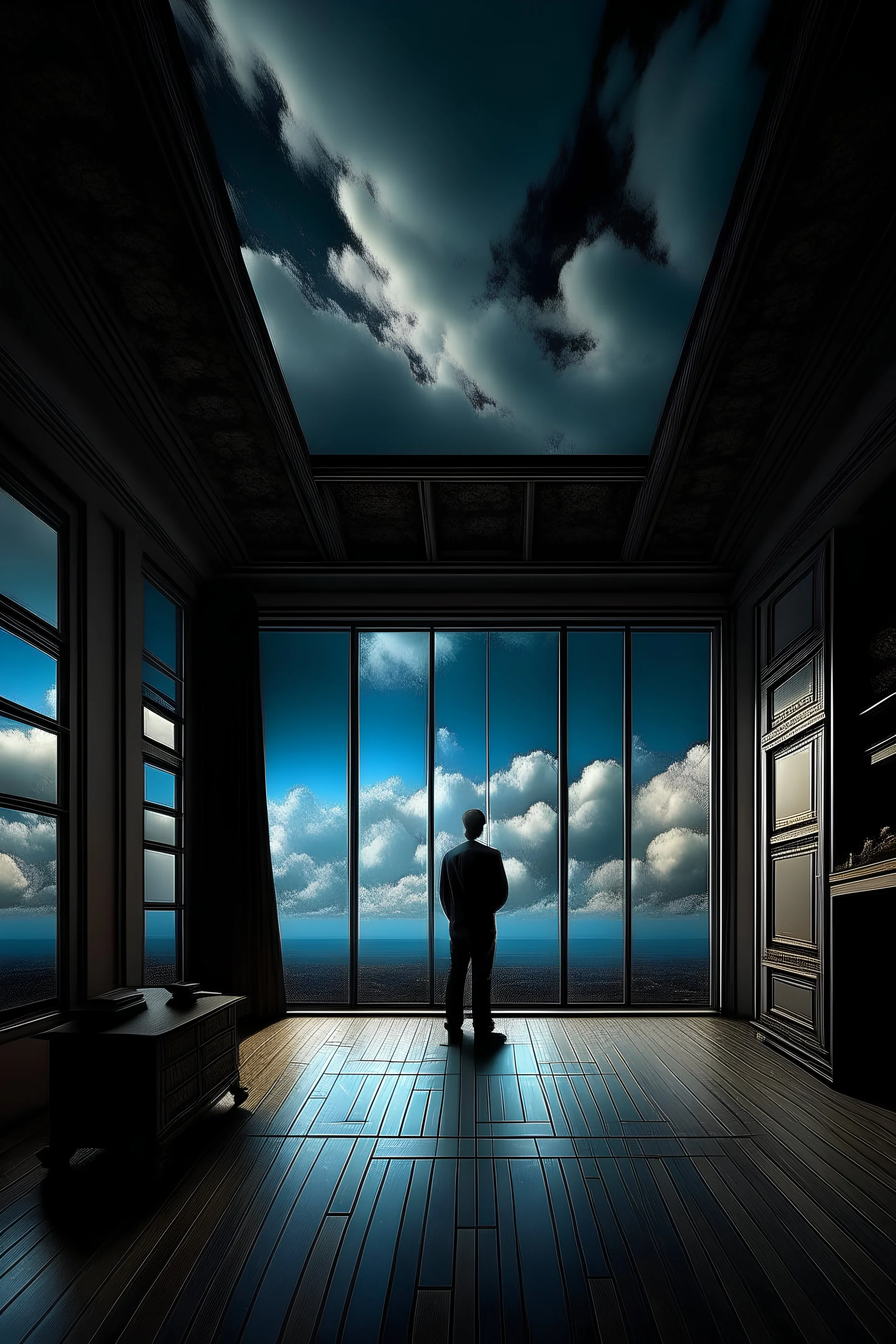 room ,sky , men, future , clouds , salvador daly style