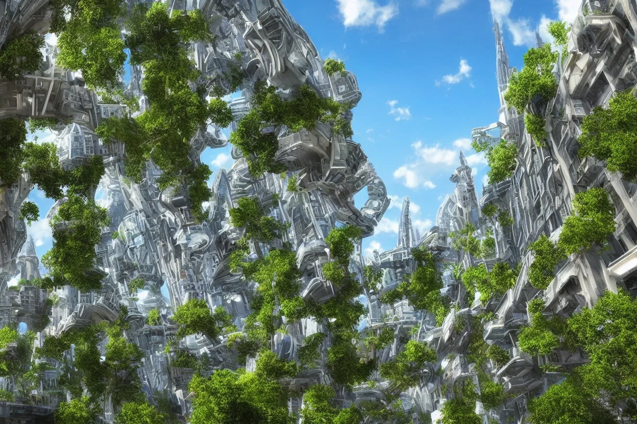 A futuristic alien city, with balconies, verandas, many arches, bridges, spires, paths, trees, dense foliage, Spanish moss, ivy, river, blue sky, white clouds