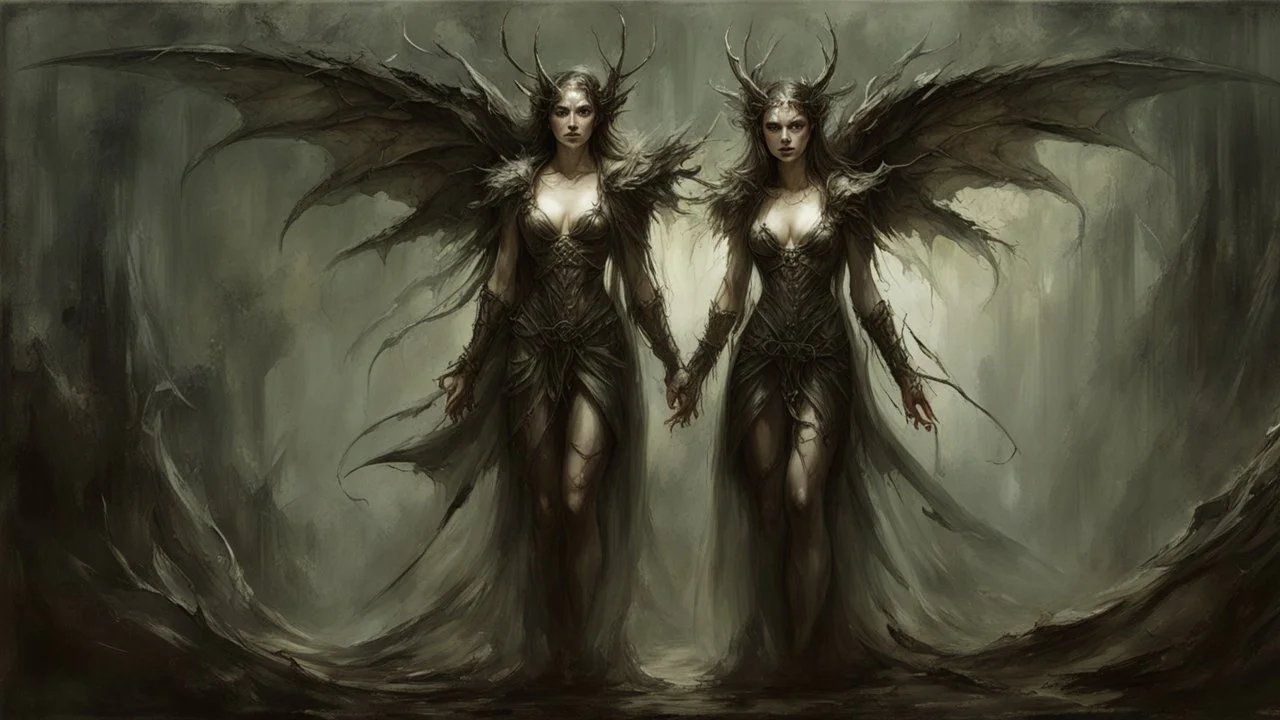 Demonic Elves with Wings, Luis Royo Style, Full Body Shot, Hyperrealistic, Photorealistic, Instant Details, darkness, by Raymond Swanland & Alyssa Monks & Anna Razumovskaya