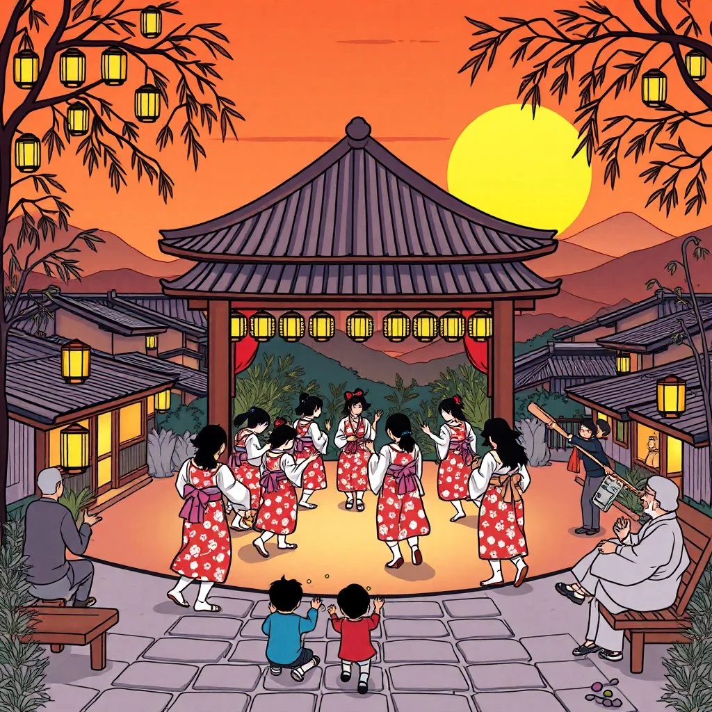 Design a book cover for "Cozy Japan Coloring Book" centered on an intimate Bon Odori celebration at dusk. A circle of yukata-clad dancers moves rhythmically around a raised yagura stage, softly illuminated by hanging lanterns and the golden glow of the setting sun. Behind them, silhouettes of traditional Japanese rooftops, gently swaying bamboo, and distant mountains add depth and serenity. Children chase fireflies along stone paths while elders watch fondly from benches. Illustration, soft wate
