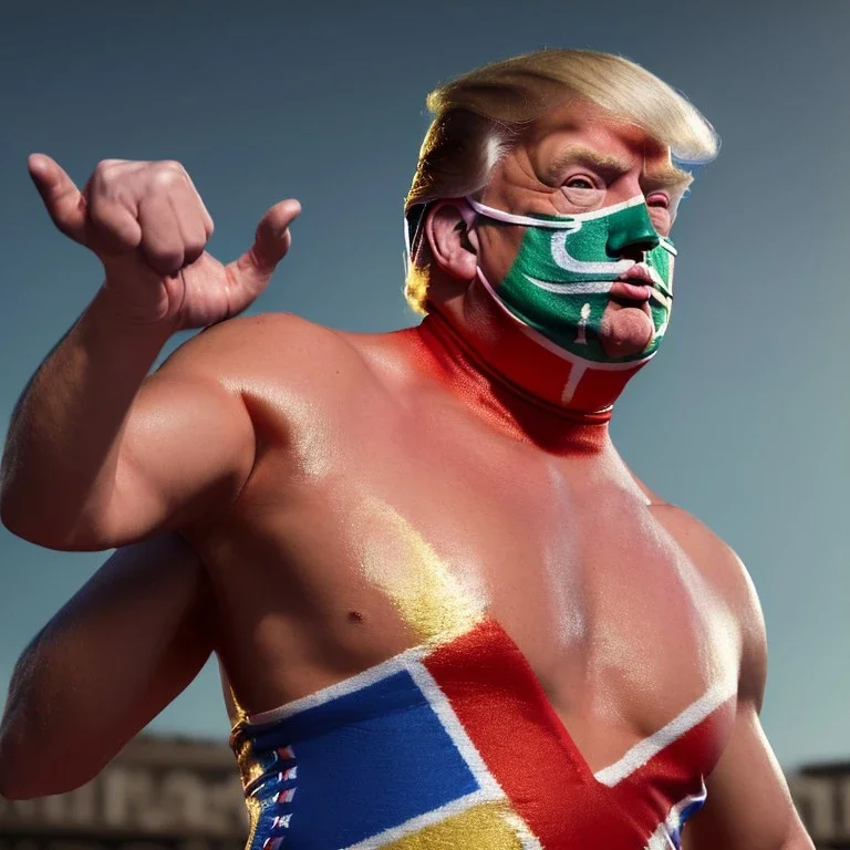 realistic image of donald trump as a mexican wrestling fighter posing outdoors, Mexican eyes wrestling mask, red and blue breeches, suspenders, retro style, 80s, vibrant color, highly detailed, sky background, concept art, unreal engine 5, god rays, ray tracing, RTX, lumen lighting, ultra detail, volumetric lighting, 3d, finely drawn, high definition, high resolution.