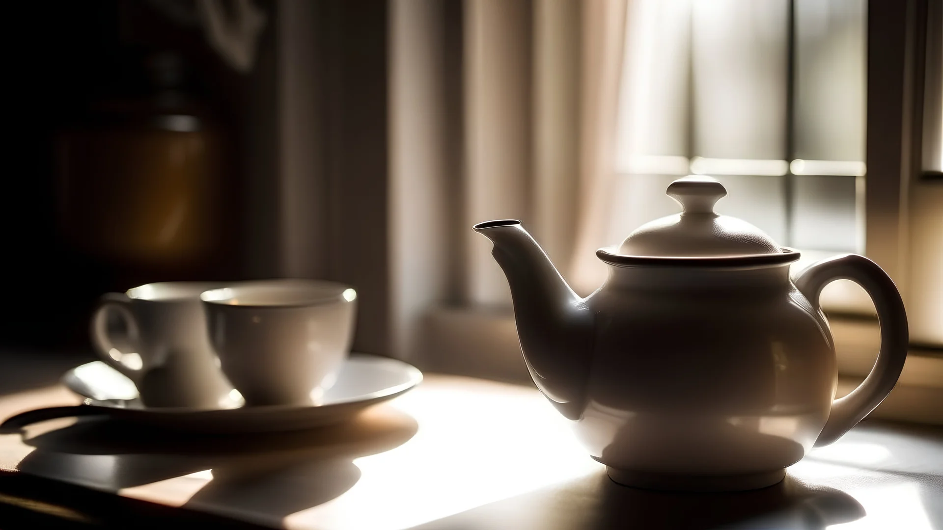 Black tea leaves steep in a white ceramic teapot. The teapot sits next to a matching cup and saucer on a counter. Sunbeams shine through a kitchen window, illuminating the steam. Highly detailed photograph with shallow depth of field.