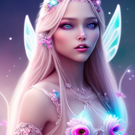 beautiful, soft, big smile face, whole head, long straight blonde hair blues eyes, crown on the head, clothing in transparent bluish and pink veil,fairy wings on the back, background brillante bluish and pink, hight definition, 8K