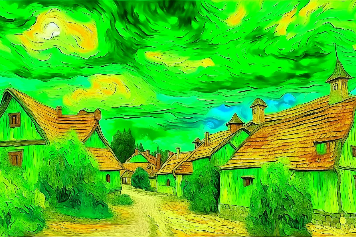 A lime green village in the puffy clouded sky designed in Mayan architecture painted by Vincent van Gogh