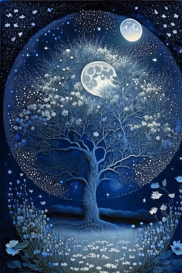 a background of softly blended blues, greys, silvers, and whites with distant, twinkling stars in the sky, an a circle moon casting a soft glow of light on a foreground of a field of various flowers surrounding a tree of life