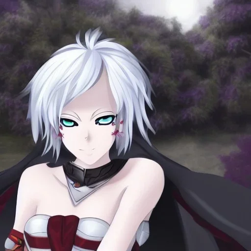 Anime character with white skin, red eyes, white hair, black clothing, in a magical medieval setting