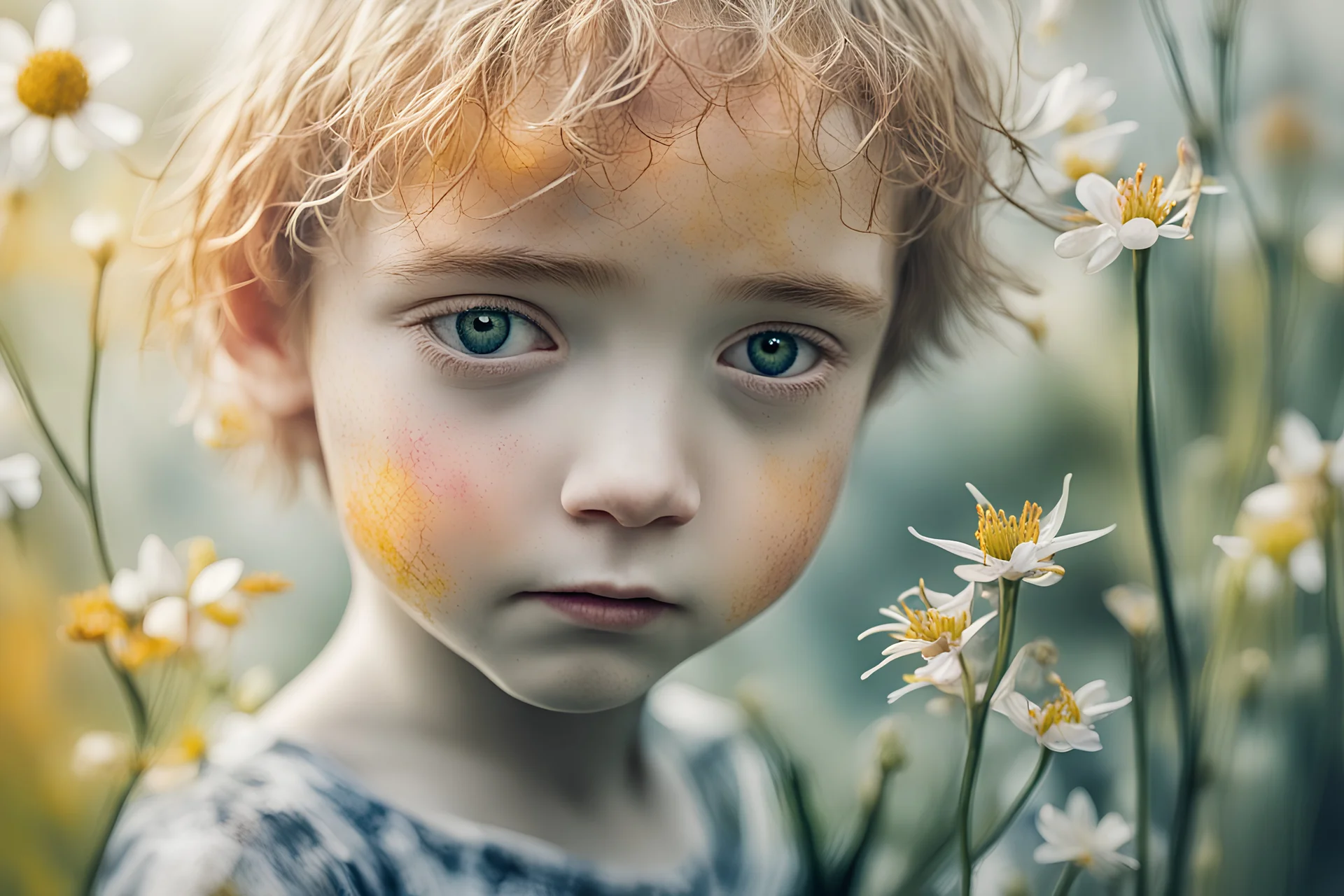 macro close up of kid near Calicanthus in flower in spring, styles of Paul Klee Dee Nickerson and Tim Burton, melting watercolor and black ink outlines on wet paper, soft, shading strokes, in sunshine, ethereal, otherwordly, cinematic postprocessing, bokeh, dof