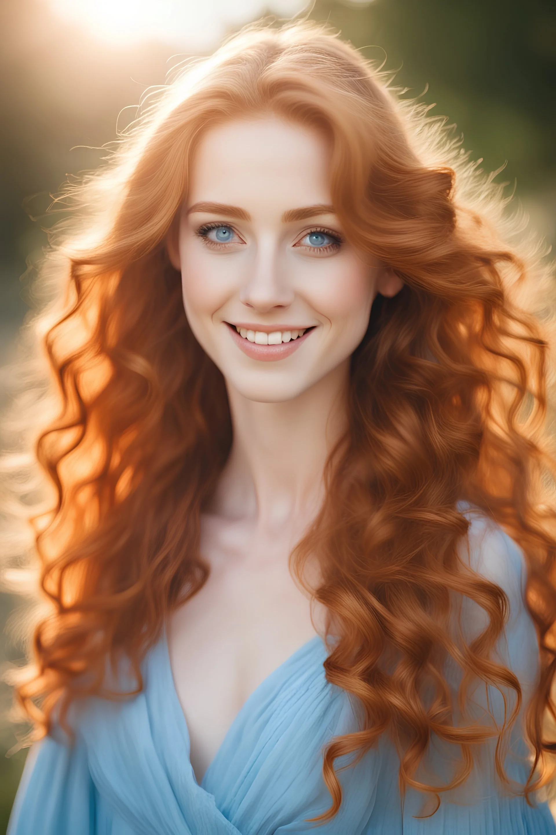 beautiful young lady with pale blue eyes, she has long and wavy orange hair, her skin is luminous and her features delicate, she is standing under sunlight and smiling, wearing a blue dress