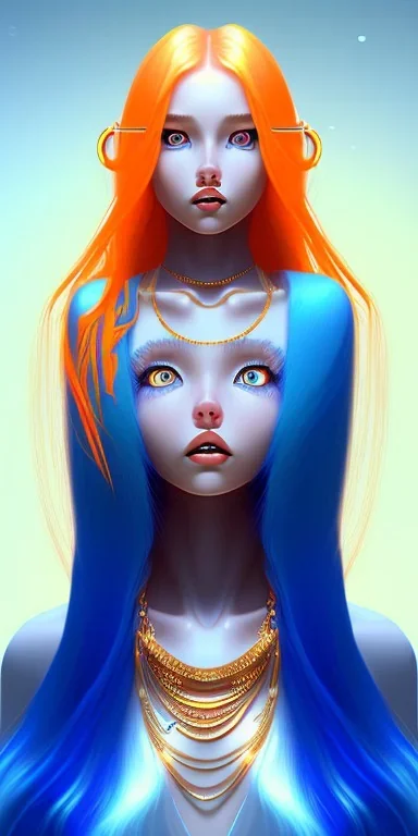 human kingfisher girl with long straight blue hair and orange strand of hair wearing a blue winter coat and a gold necklace