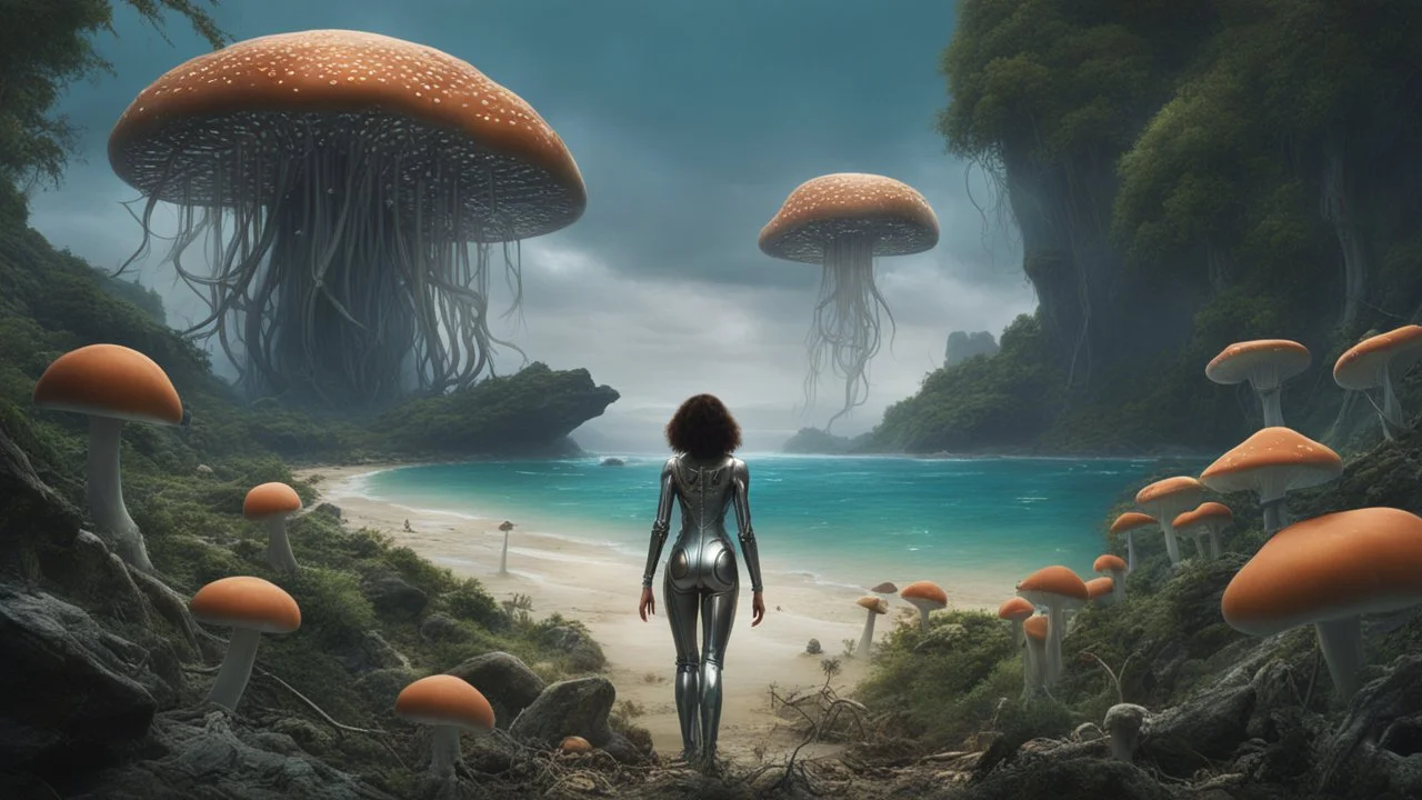 detailed matte painting of a wide-angle shot of a woman standing on the right-hand side of an alien beach, with dark hair in a silver robotic catsuit, many floating mushrooms with jellyfish tentacles, alien jungle trees in the distance, deep colour