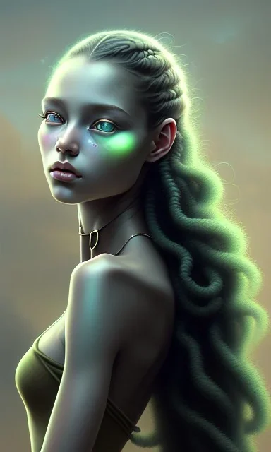 young girl, cute, beautiful, long curly hair, black hair, green alien skin, big flat nose, black eyes, big eyes, turquoise dress, head and shoulders portrait, 8k resolution concept art portrait by Greg Rutkowski, Artgerm, WLOP, Alphonse Mucha dynamic lighting hyperdetailed intricately detailed, avatar pandora