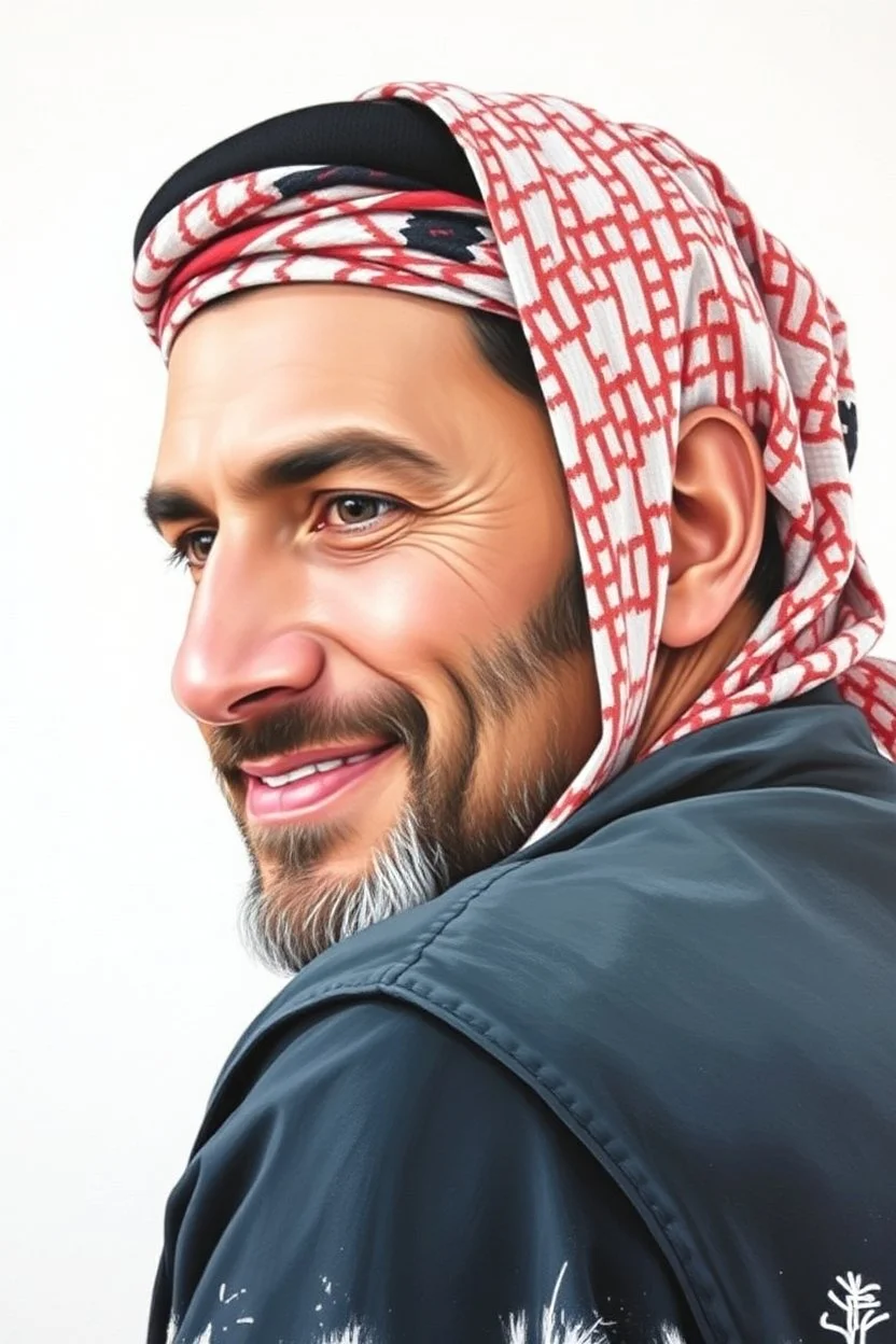 A Palestinian man, thirty years old, wearing a keffiyeh, has a beautiful face, turns his face to the right, has a slight smile, his mouth is closed and his teeth are not visible, his eyes are looking to the left, he appears to be drawn with oil paints