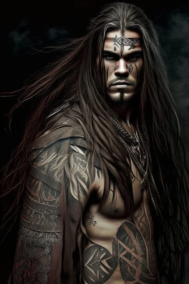 long haired warrior with tribal tattoos and cloak