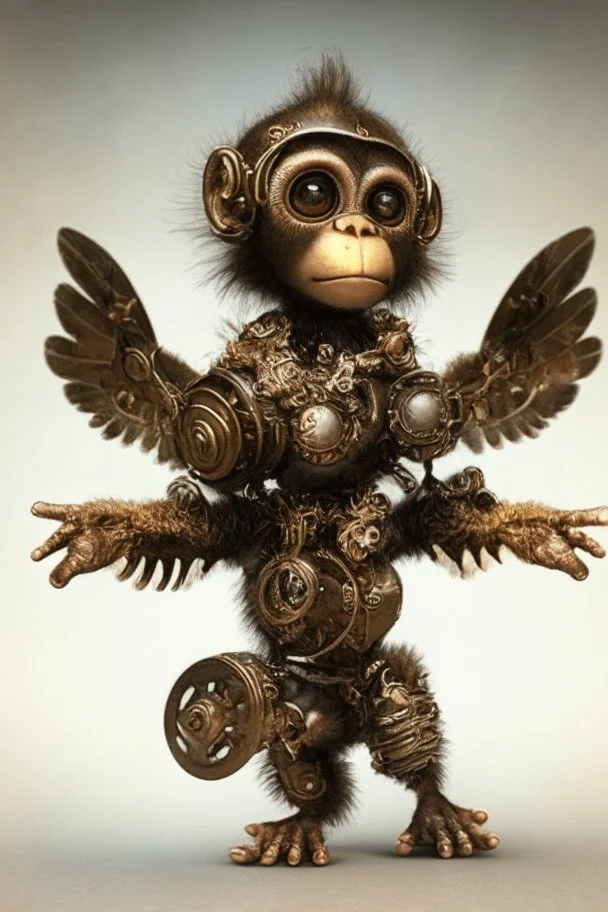 small cute steampunk mechanical monkey, made of metal with mechanical wings, cute hands and feet