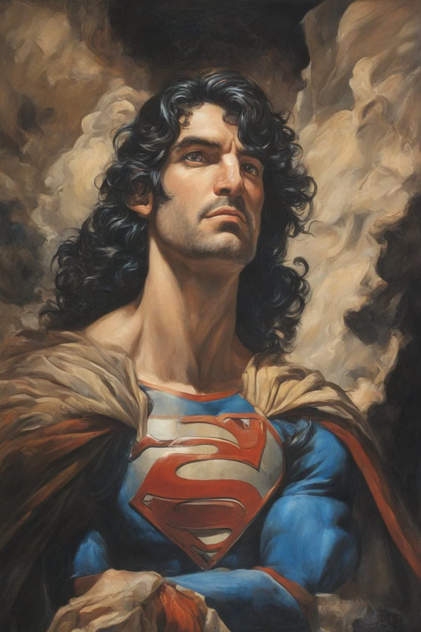 Oil on canvas, chiaroscuro, deep shadows, fairytale, 16th century masterpiece, rich deep colors, highly detailed portrait Superman, long black hair, blue eyes, slight smile, Boris Vallejo, Frank Frazetta, Julie bell, Caravaggio, Rembrandt, Michelangelo, Picasso, Gilbert Stuart, Gerald Brom, Jim Lee, Alex Ross, Dorian Vallejo, Stan Lee Lunar Display, northern lights, glowing, beautiful, Boris Vallejo, Frank Frazetta, Julie bell, Caravaggio, Rembrandt, Michelangelo, Picasso, Gilbert Stuart, Gerald