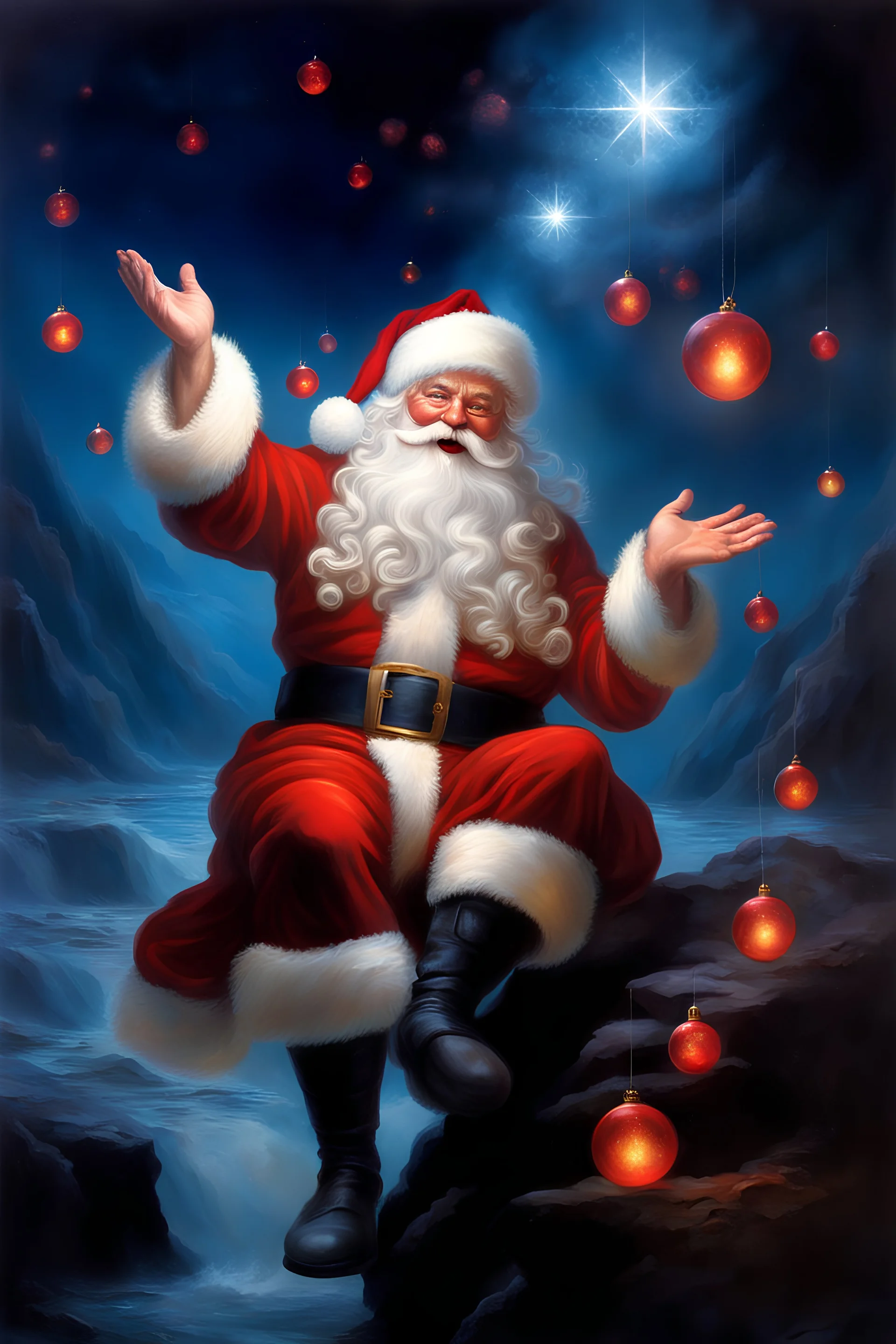 Christmas Themed --3D Bubbles, Floating hearts with an electrical current, fog, clouds, somber, ghostly mountain peaks, a flowing river of volcanic Lava, fireflies, a close-up, portrait of Santa Claus smiling a big bright happy smile, wearing his traditional Christmas uniform, in the art style of Boris Vallejo