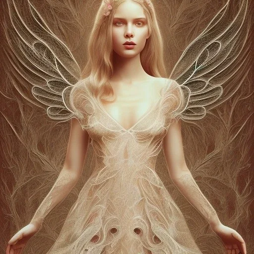 An angel with a beautiful face in a lace night dress, a thin lace dress and a body with designs in the shape of tree leaves on it, anatomical and full body shape with detailed details, the parts of the girl's body can be seen under the dress, a girl with breasts Big, dreamy and artistic painting, full HD 3D painting quality, 4K, 8K