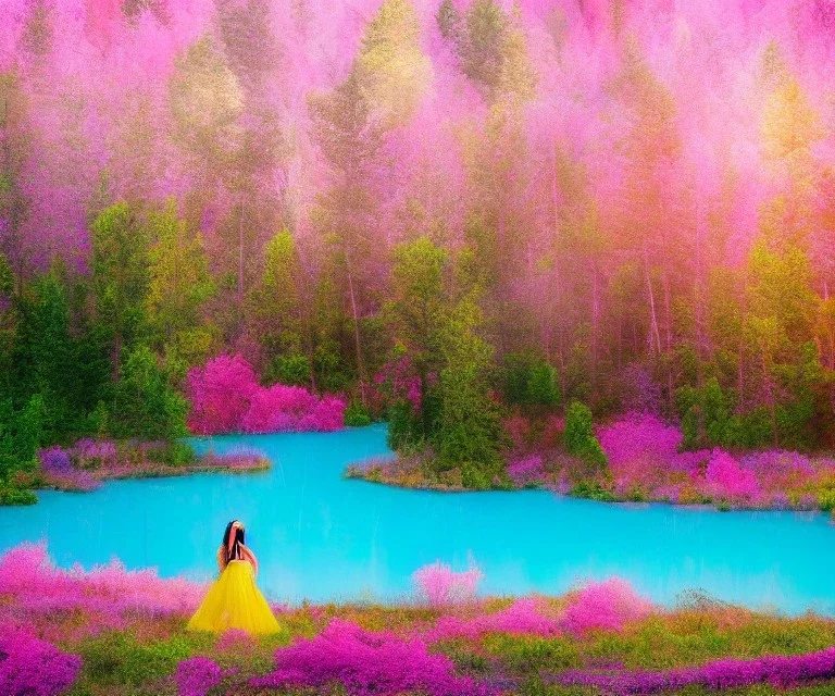 beautiful fairies in a magic pink forest with purple and pink trees, pink and blue and yellow flowers and around a turquoise lake, a blue sky and sunlight