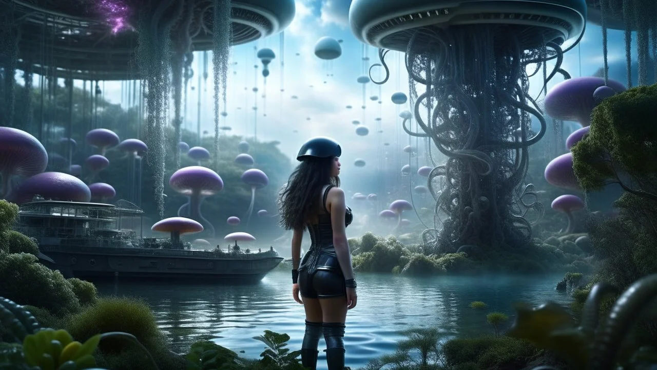 Detailed matte painting of a wide-angle shot of a woman, standing on the left side of the shot, with dark hair in a silver robotic catsuit, many large floating jellyfish with octopus tentacles, alien jungle trees in the distance, with an alien beach and lake, deep colour