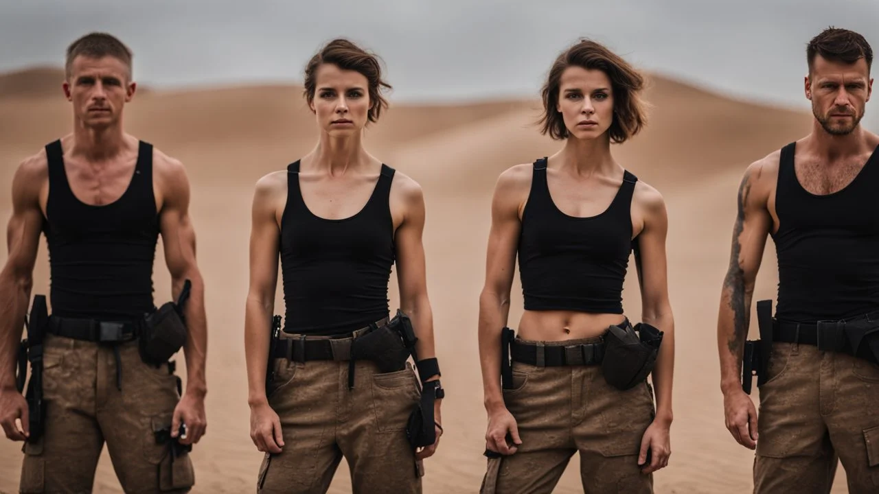 beautiful anorexic caucasian female technician, black tank top, well toned muscles, weathered face, scratched sand camo metal details, short brunette wavy bob haircut, dystopian, desert scene, pulling a knife