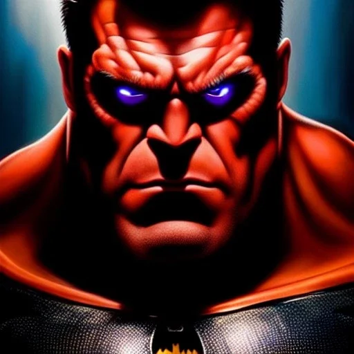 Ultra detailed fullbody Portrait in oil on canvas of Batman merges with REd Hulk ,intense stare,extremely detailed digital painting, extremely detailed face,crystal clear Big eyes, mystical colors ,perfectly centered image, perfect composition, rim light, beautiful lighting,masterpiece,8k, stunning scene, raytracing, anatomically correct, in the style of robert e howard and Ken Kelley and Ohrai Noriyoshi and Simon Bisley and tomzj1