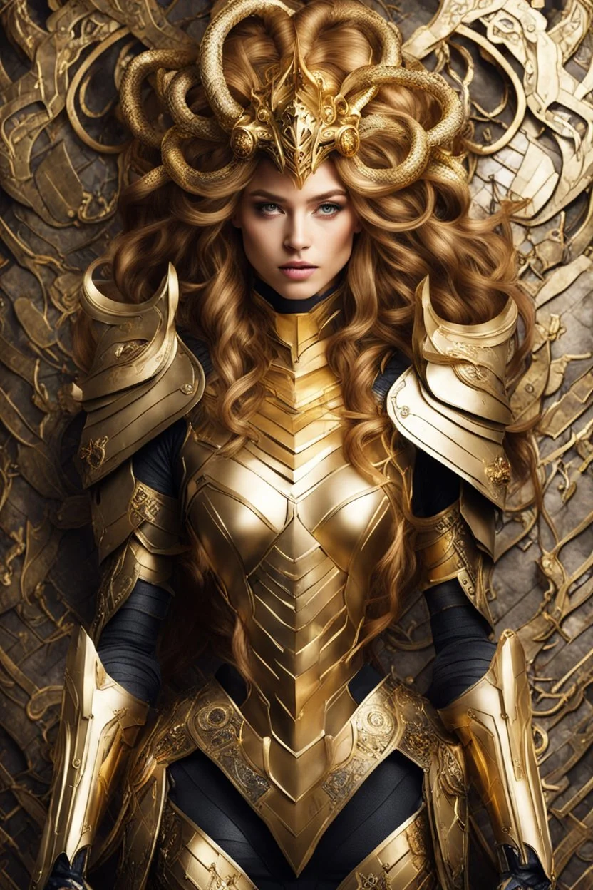 Excellent style Facing front Gorgeous Photography Beautiful Queen Medusa hair snake Cyborg dressing Armor Mecha Golden and jewelry,luxury wall background