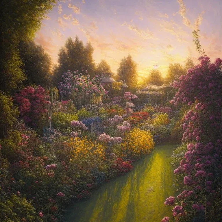 View of a beautiful sunset in the garden, oil on canvas, intricate, portrait, 8k highly professionally detailed, HDR, CGsociety, illustration painting by Mandy Jurgens and Małgorzata Kmiec and Dang My Linh and Lulu Chen and Alexis Franklin and Filip Hodas and Pascal Blanché and Bastien Lecouffe Deharme, detailed intricate ink illustration, heavenly atmosphere, detailed illustration, hd, 4k, digital art, overdetailed art, concept art, complementing colors, trending on artstation, Cgstudio