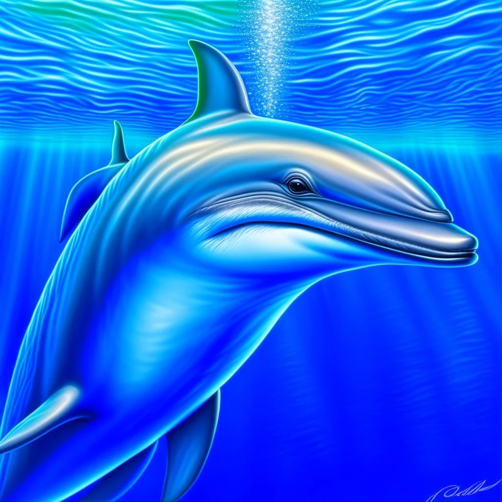 a hyper realistic illustration of a Dolphin, detailed, using three colors blue. ocean background.