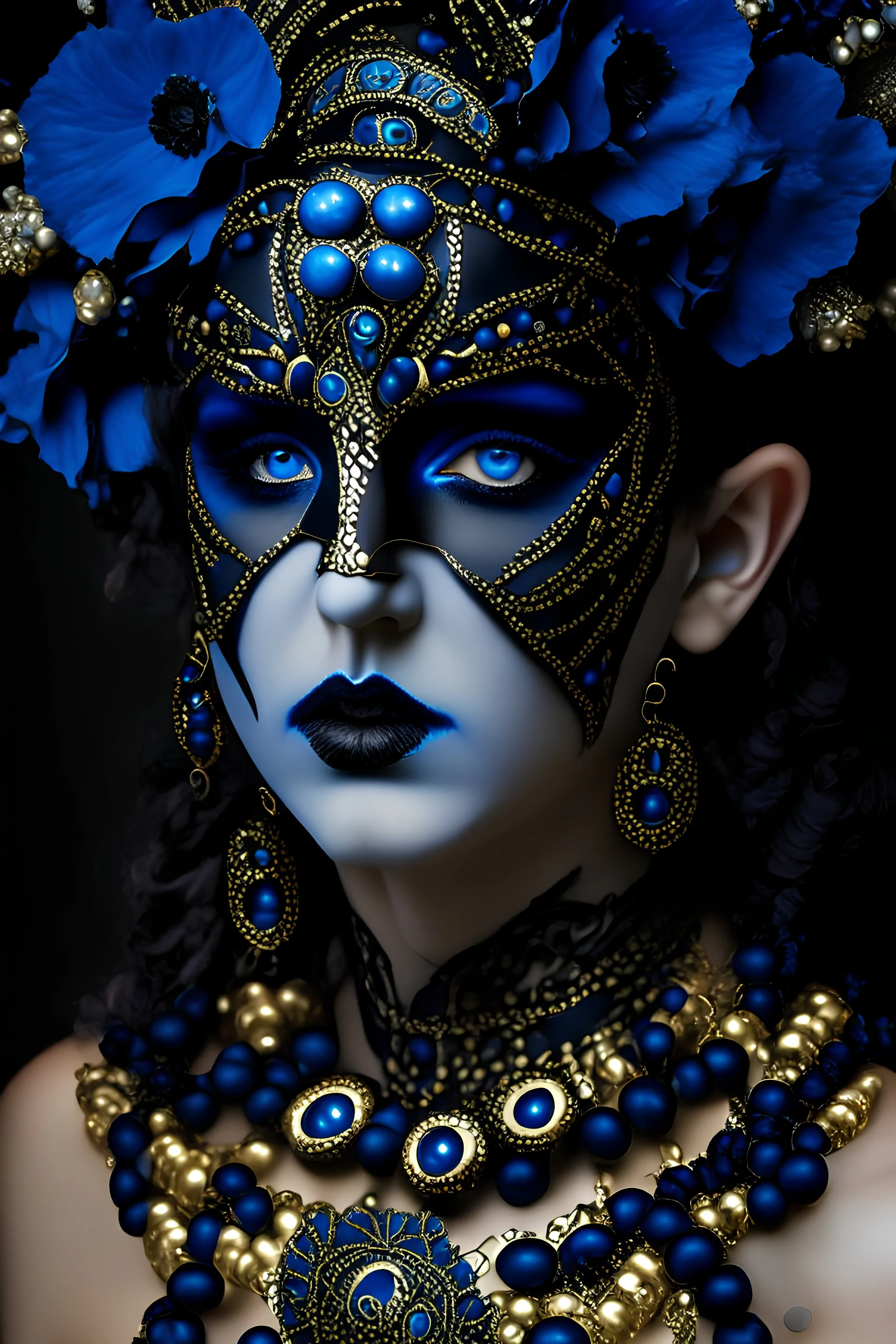Beautiful faced young lady greek Mytological godess, wearing deco punk ancient greek botanical chain effect half masque, blue and blackadorned with greek amarillisz flower and white szegfű metallic golden beads blue beads decvantablack shamanism greek style decadent mineral stone beads headdress, vantablack lace effect decadent mixed style ornated costume organic bio spinal ribbed detail of smoky firelight vantablack rainy greek background extremely detailed hyperrealistic maximalist portrait