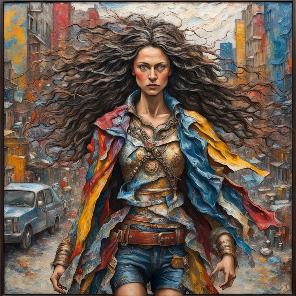 a captivating encaustic and ebru art that portrays a strong, fighter woman confidently navigating the bustling streets of new york city. her wild, brunette flowing hair is adorned with vibrant, colorful rags, and she wears a striking, futuristic outfit composed of rags, trinkets, and a cut-off leather