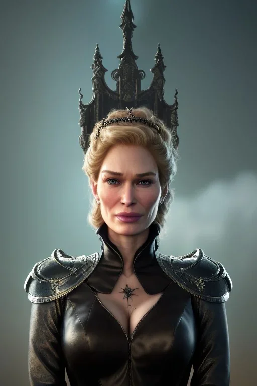 Cersei Lannister as evil queen in black leather, busty, cleavage, curvy, lena headay, angry, stern look. character design by cory loftis, fenghua zhong, ryohei hase, ismail inceoglu and ruan jia. unreal engine 5, artistic lighting, highly detailed, photorealistic, fantasy