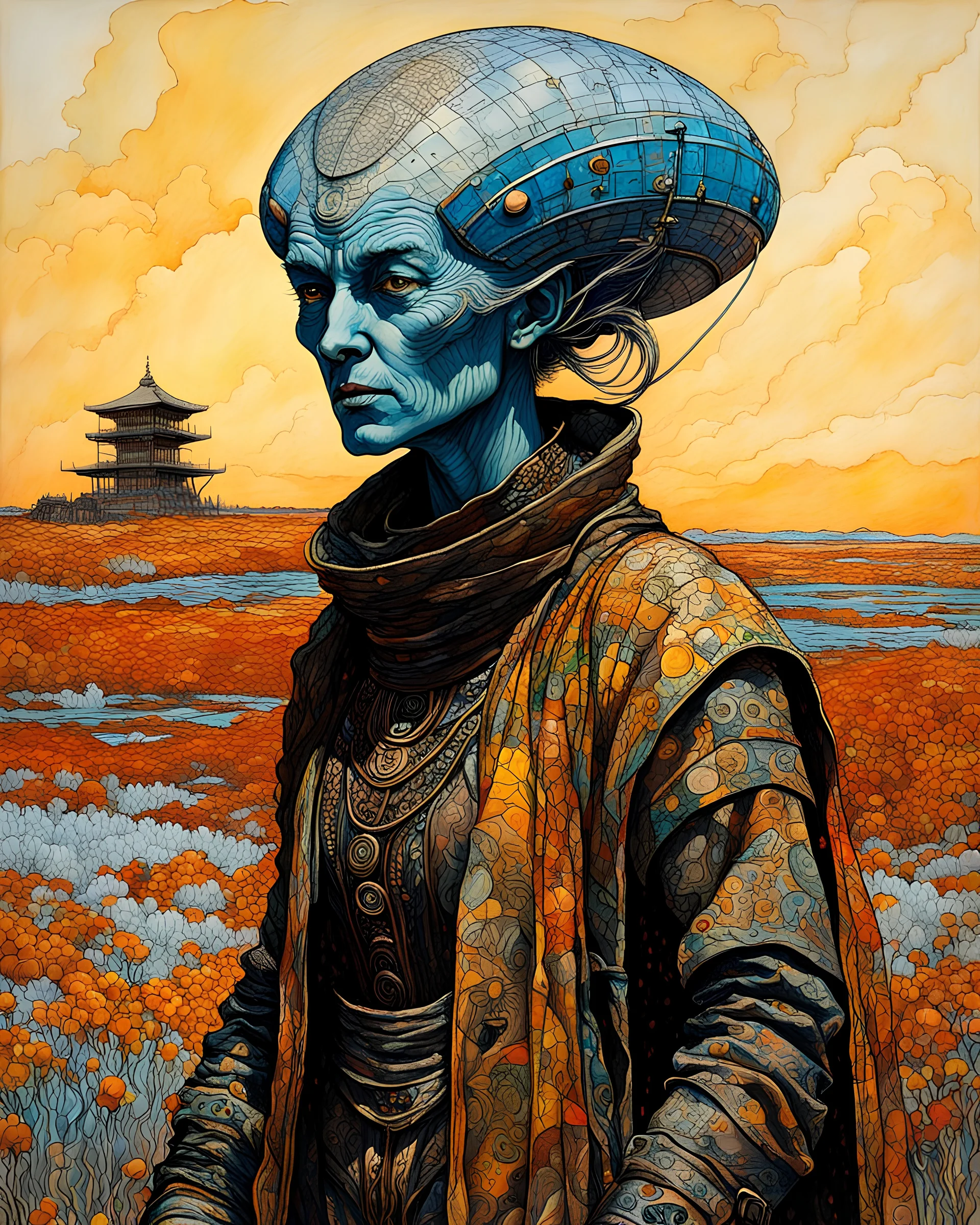 highly detailed, full body, ink oil portrait painting of an ancient, female alien traveler , in the impressionist style of Childe Hassam, mixed with art nouveau, abstract impressionism, the surrealism of Yves Tanguy, and the comic art style of Jean-Giraud Moebius, precise and sharply defined facial features, protective clothing , and skin textures, in subdued autumnal colors