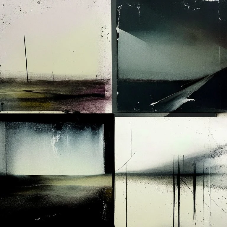 Minimal contemporary abstract oil paintings of desolate 1960s carpark with road markings and concrete fragments. Overlay with grungy typography graphics. style of Justin Mortimer and Francis Bacon.