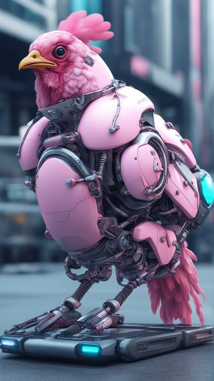 CHICKEN robot made of cotton candy, sci-fi, cyberpunk, full body, ultra realistic, virtual reality, cyberpunk city and colors