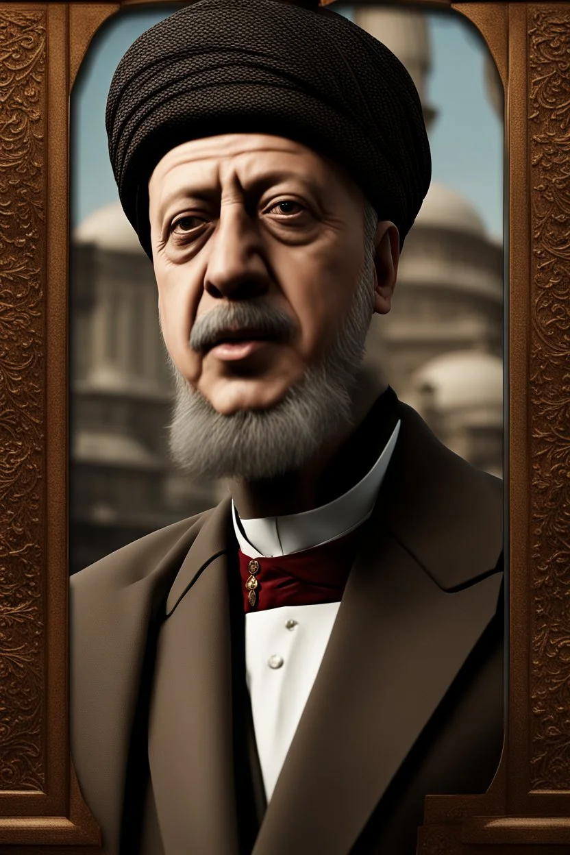 Create a panoramic 3D panel style digital panel Rajab Tayyip Erdogan in 1917 Reflected The character of the milkseller is embodied runabout He wears a turban and a poor costume, Ultra-wide angle Highly realistic precise details Detailed panoramic view Detailed distance Professional Quality 8K