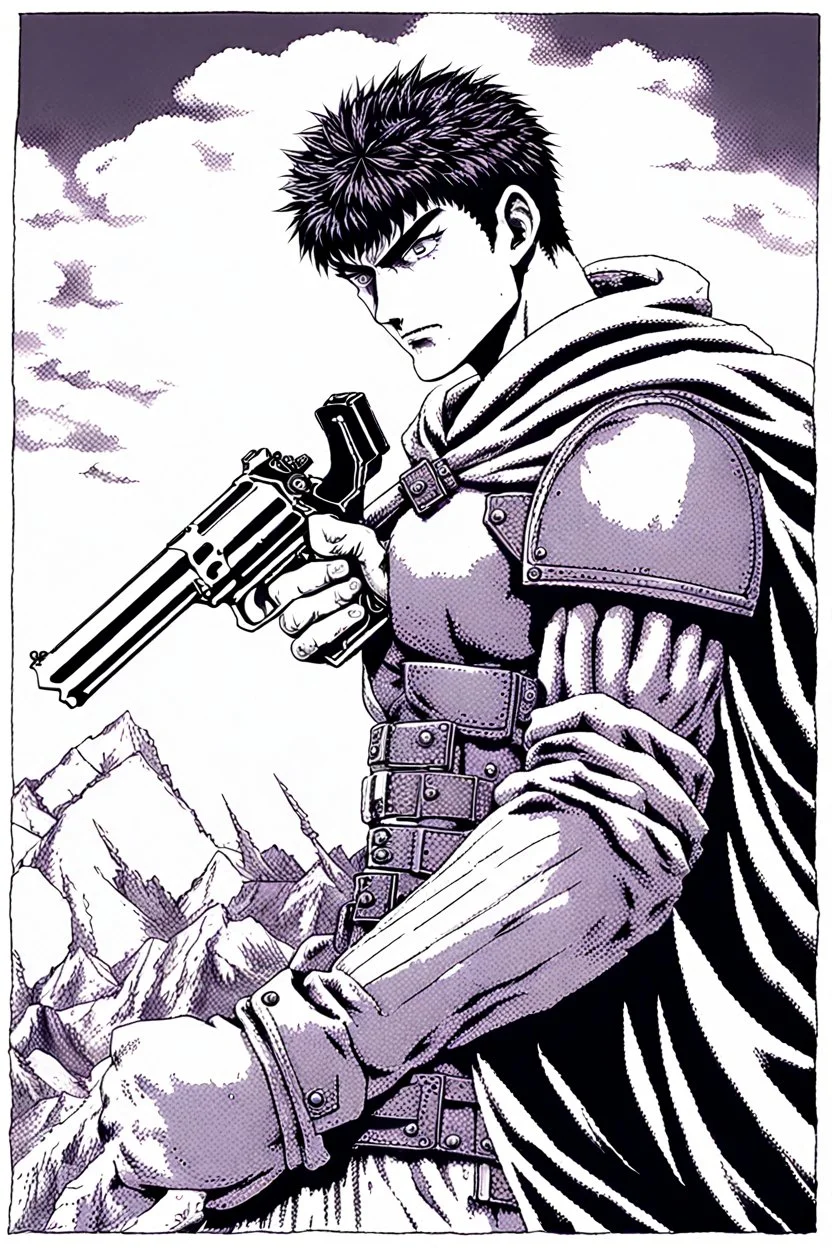 Guts from Berserk holds a revolver gun to his head.