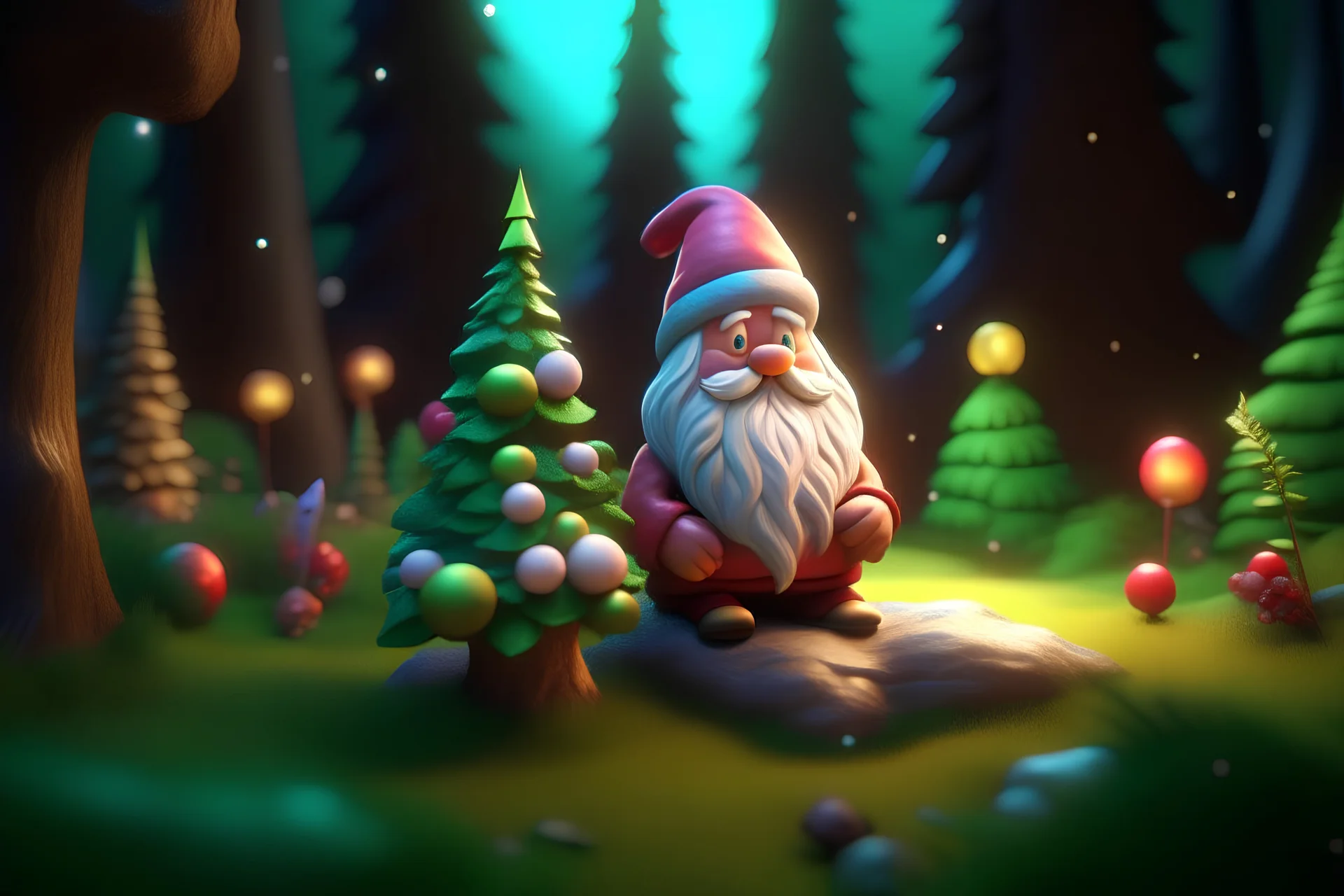 cute smiling ian sprigger art style Santa and krenz cush art style Christmas tree, in the garden of Eden, with colorful trimmings, star on top of tree, gifts, toys, bokeh like f/0.8, tilt-shift lens 8k, high detail, smooth render, down-light, unreal engine, prize winning