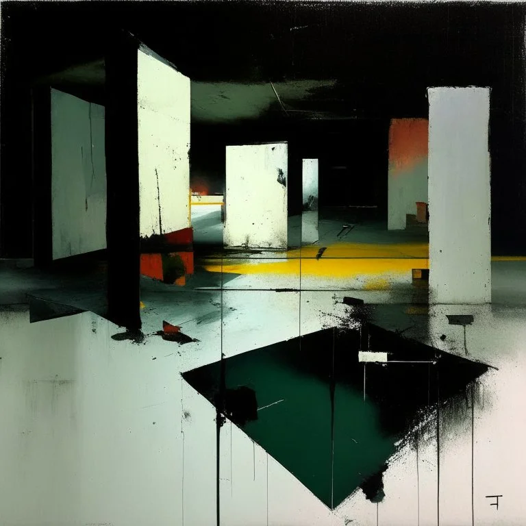 Minimal abstract oil paintings of a desolate 1960s carpark. Illuminated by a spotlights. On the floor are concrete fragments and road markings . In the dark mysterious style of Justin Mortimer and Francis Bacon.